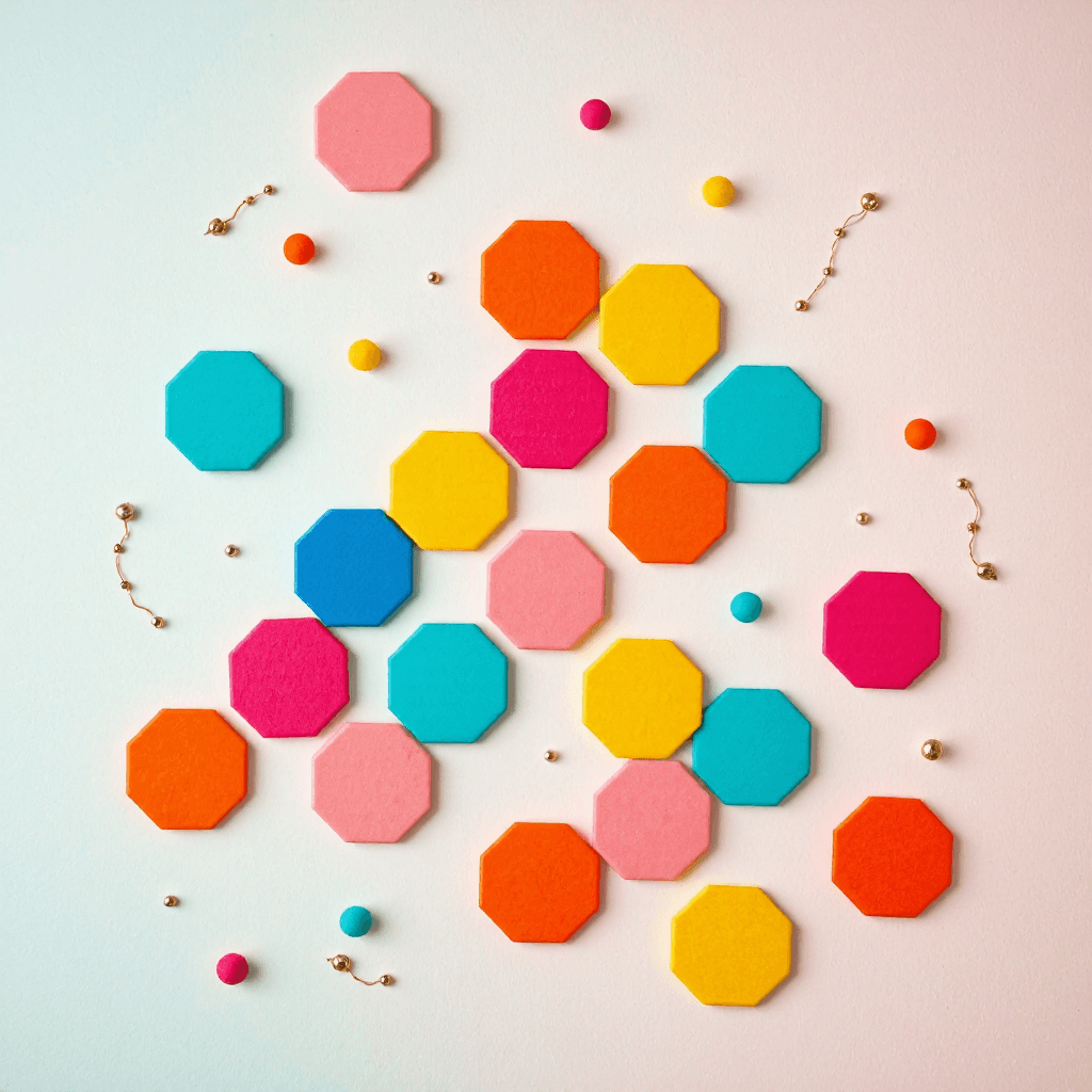 product photography of colorful hexagonal shapes