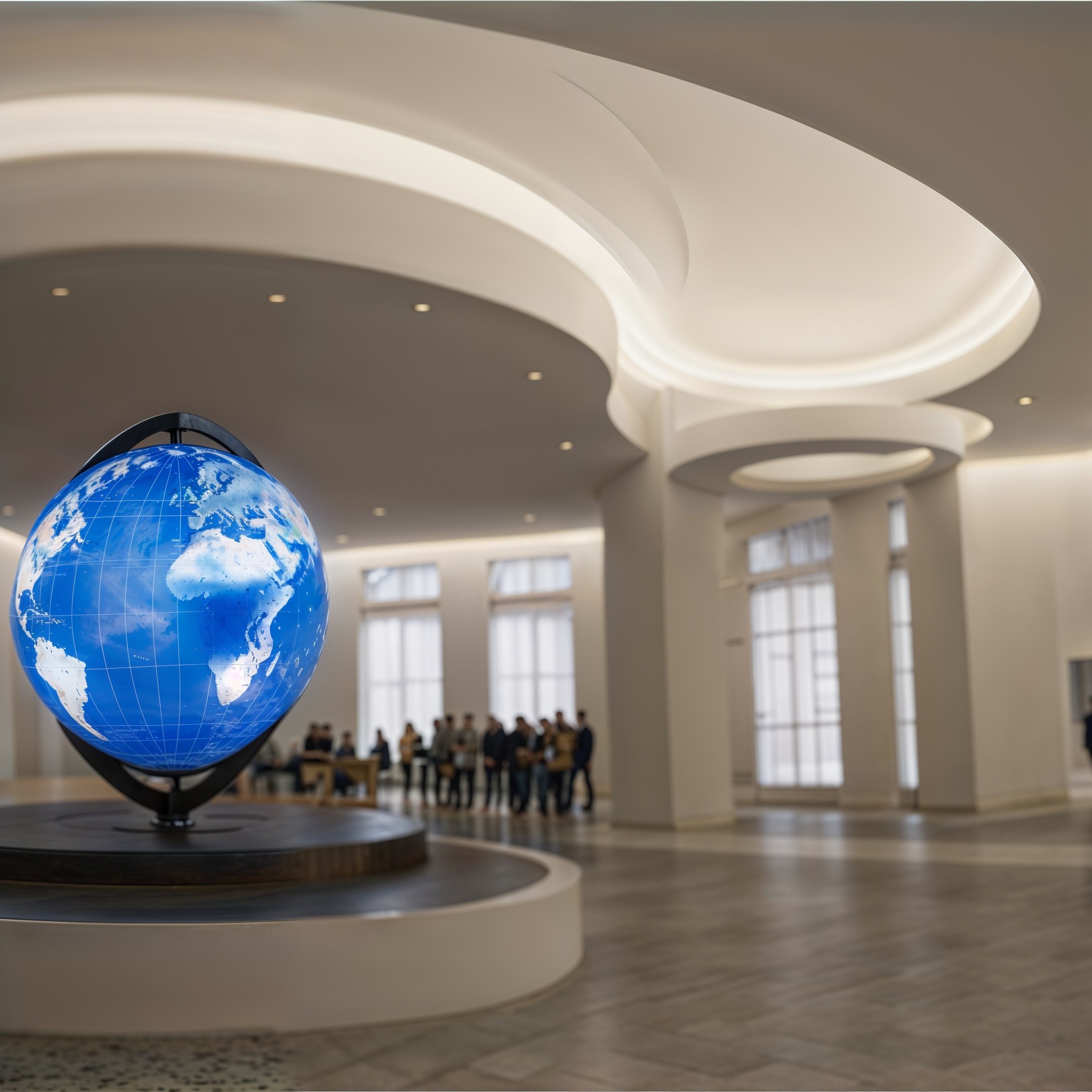 A large, illuminated globe displaying a detailed map of the Earth is centrally located in a spacious, modern lobby with curved architectural features and a light-colored floor, while a group of people observes in the distance.