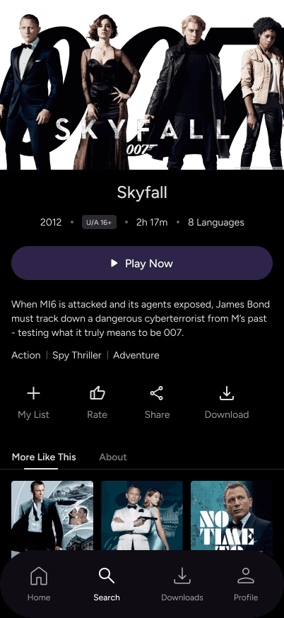 A movie detail page featuring an AI-driven 'More Like This' section based on visual and narrative themes