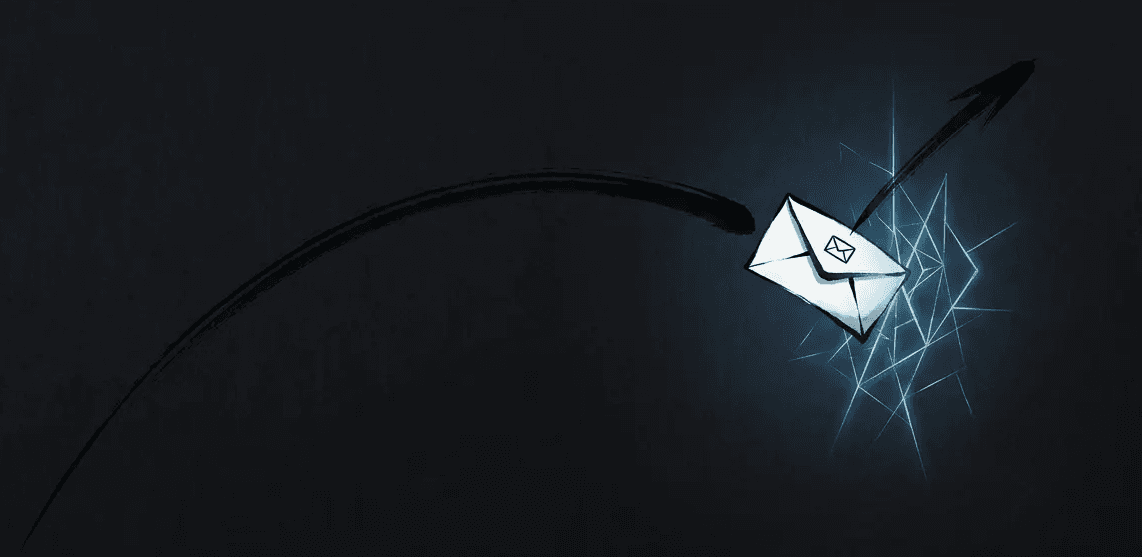 Email envelope bouncing off a digital barrier, Japanese minimalist ink illustration in teal and blue on black representing high email bounce rates.