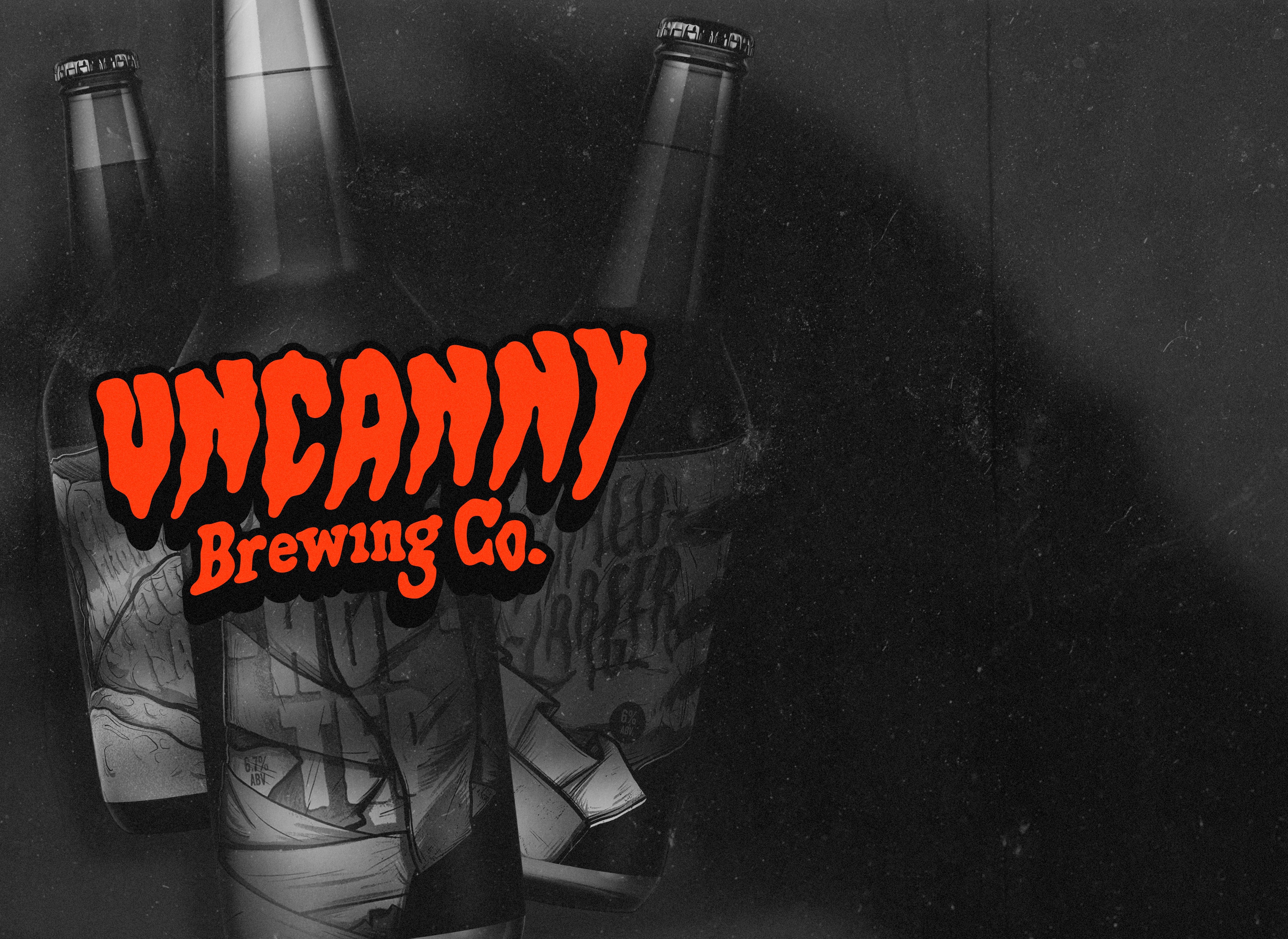 Creepy bottle showcase with the logo and shadow of a monsters hand