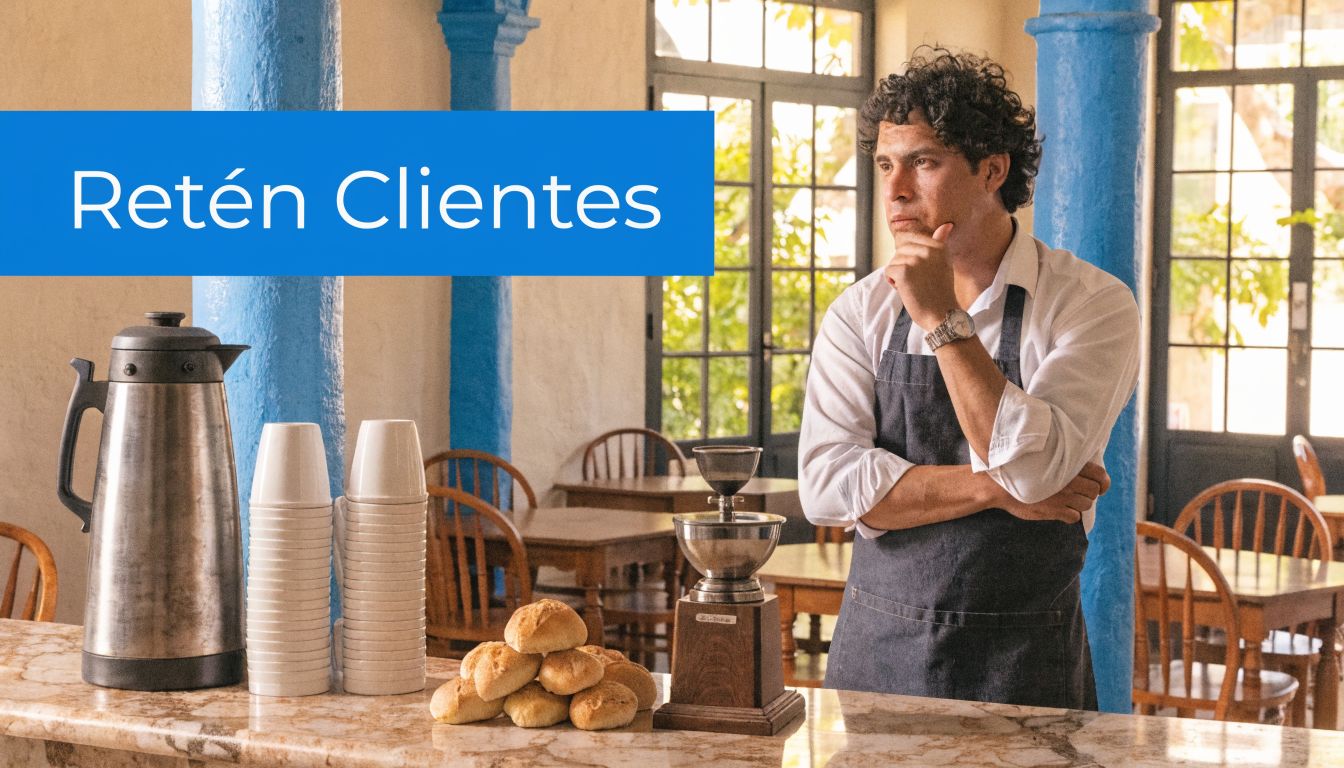 Un camarero reflexivo apoyado en una barra de café con pan fresco y vasos desechables.