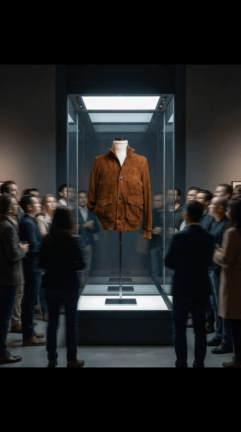 A brown suede Don Marrón jacket showcased inside a museum-style glass display case, surrounded by an audience admiring its craftsmanship and elevated tailoring.