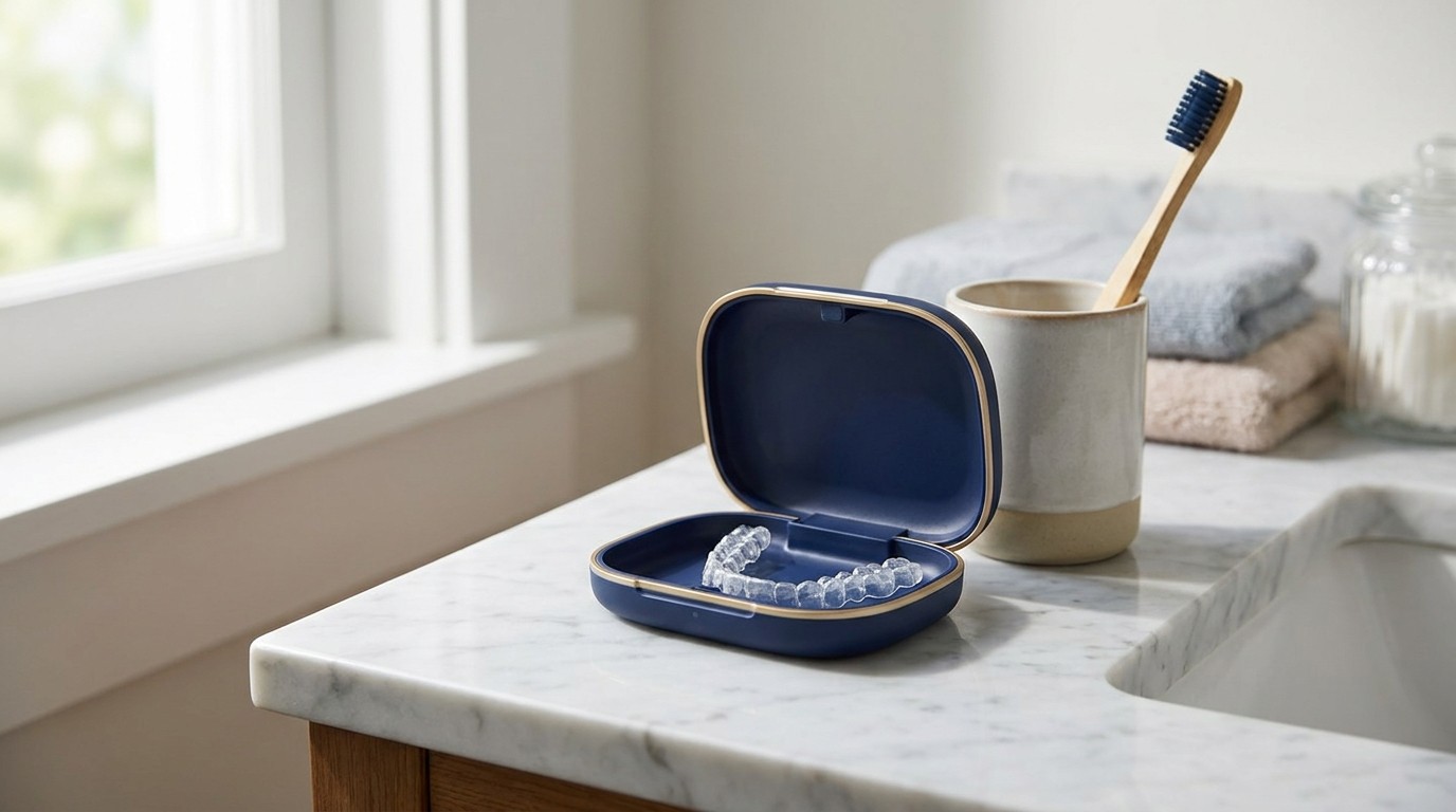 Clear aligner tray resting in an open case on a bathroom counter next to a toothbrush