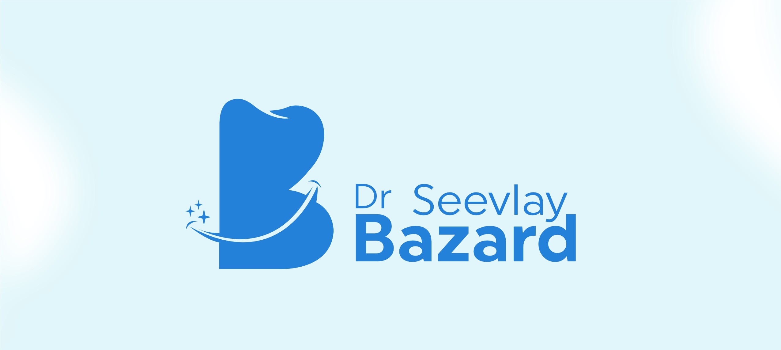 Blue dental logo with "Dr Seevlay Bazard" text and sparkling tooth motif.