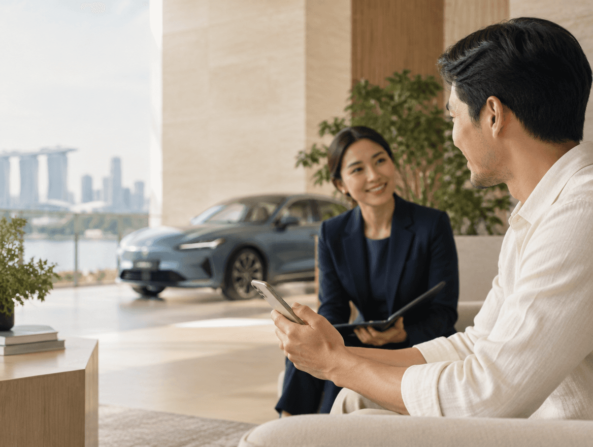 Illustrative customer and advisor in a bright automotive showroom.