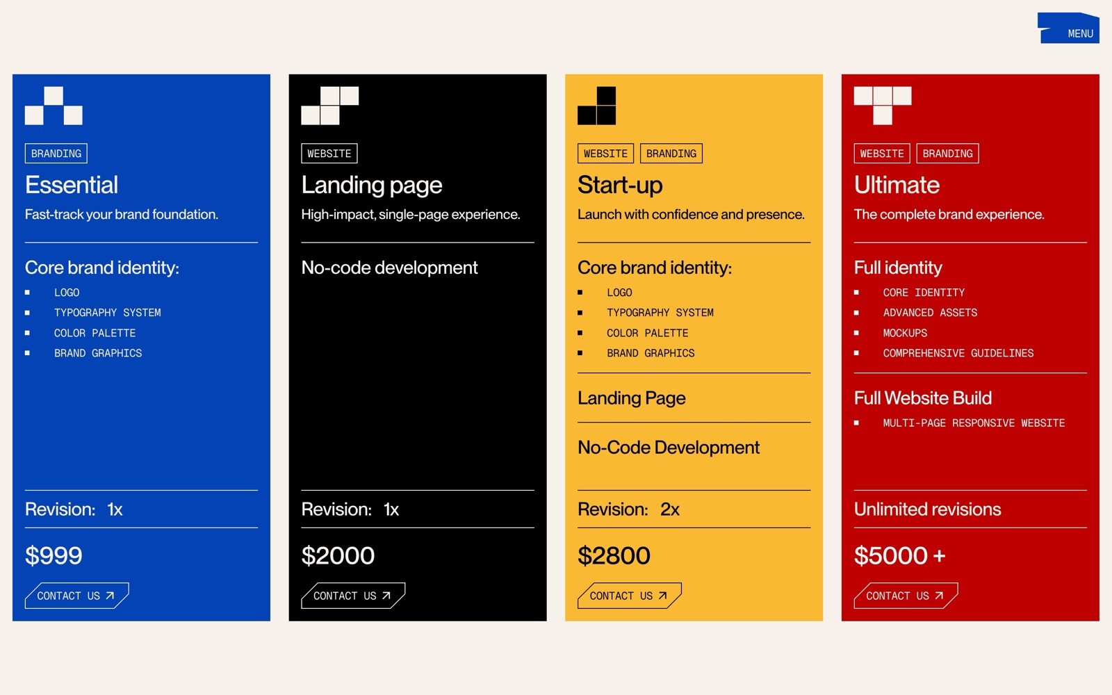 Four pricing plans: Blue "Essential" $999, Black "Landing Page" $2000, Yellow "Start-up" $2800, Red "Ultimate" $5000+.