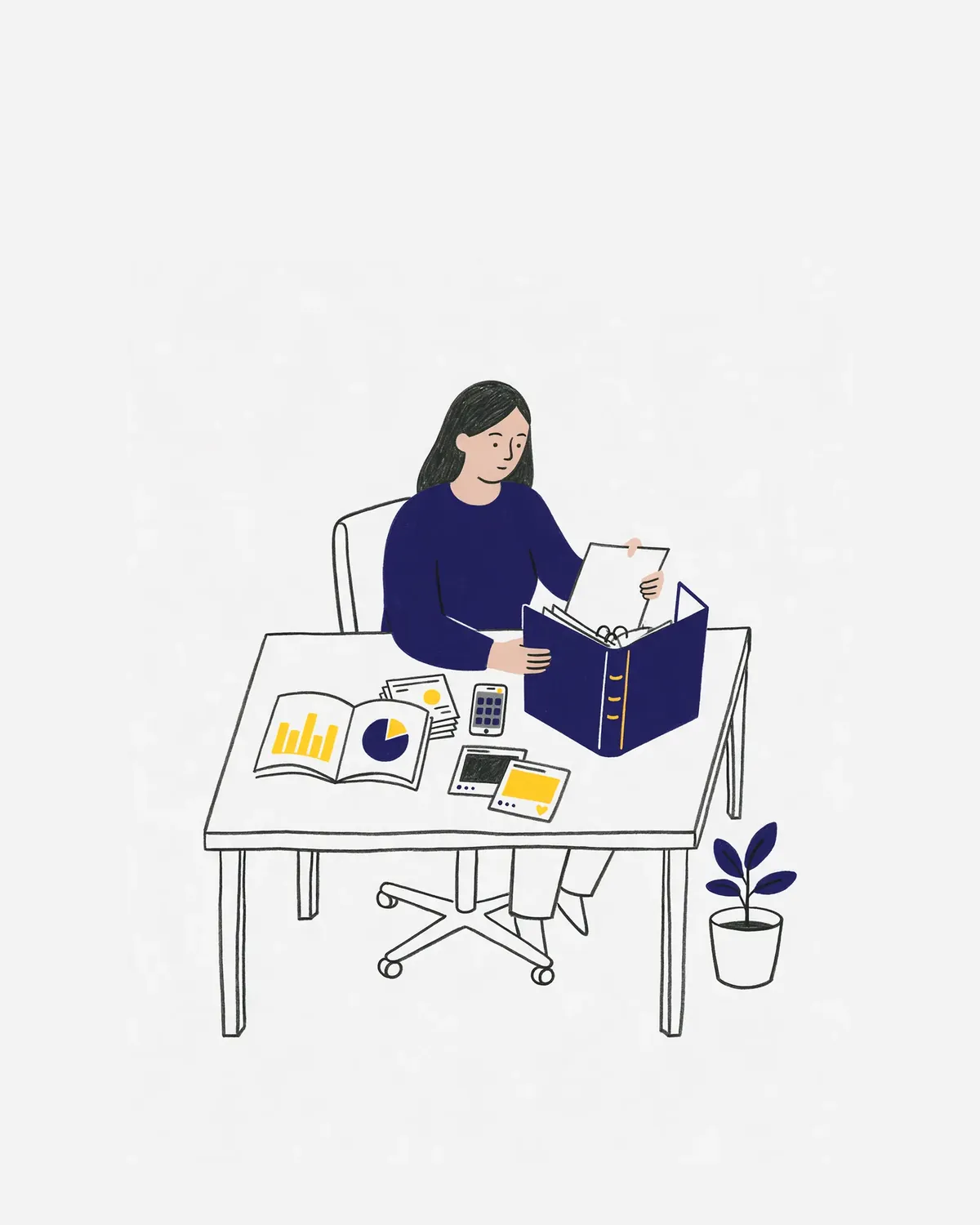 Ilustração: mulher organiza a prestação de contas com relatório, notas fiscais e prints das publicações