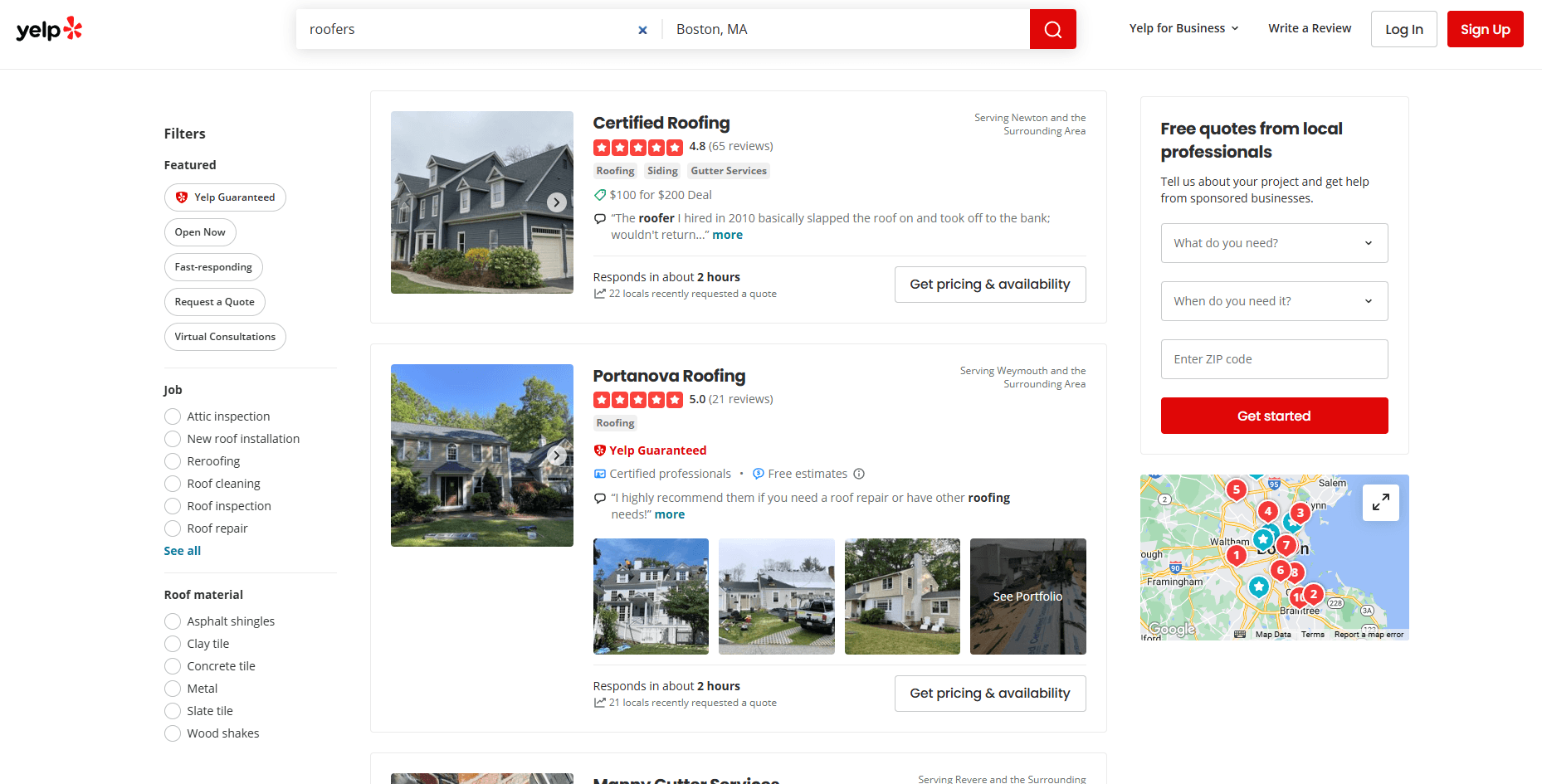 searching roofers on Yelp