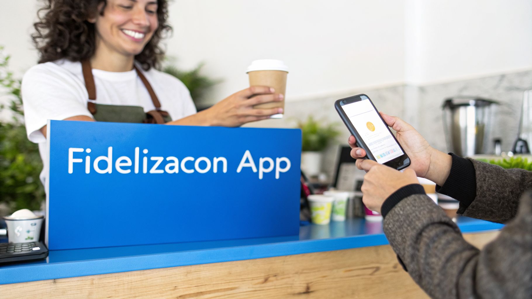 Barista sonriente entrega café a cliente que usa una app de fidelización en su móvil.