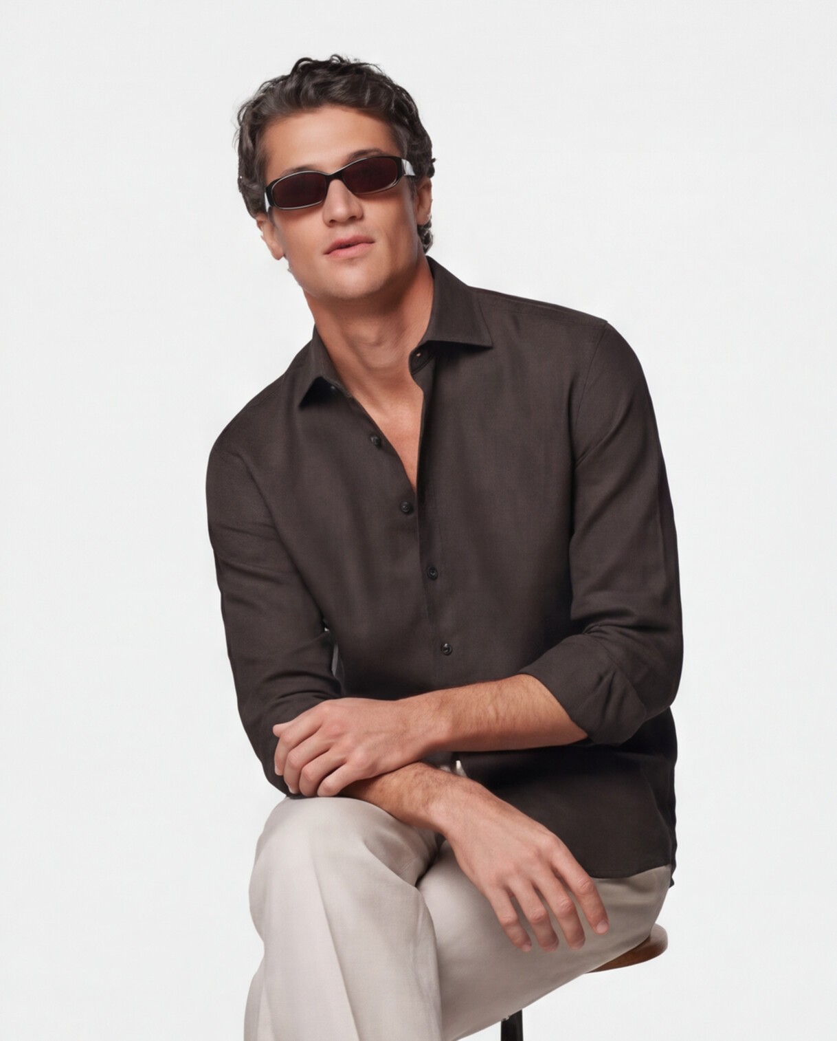 Sheer Brown Shirt with Beige Trousers