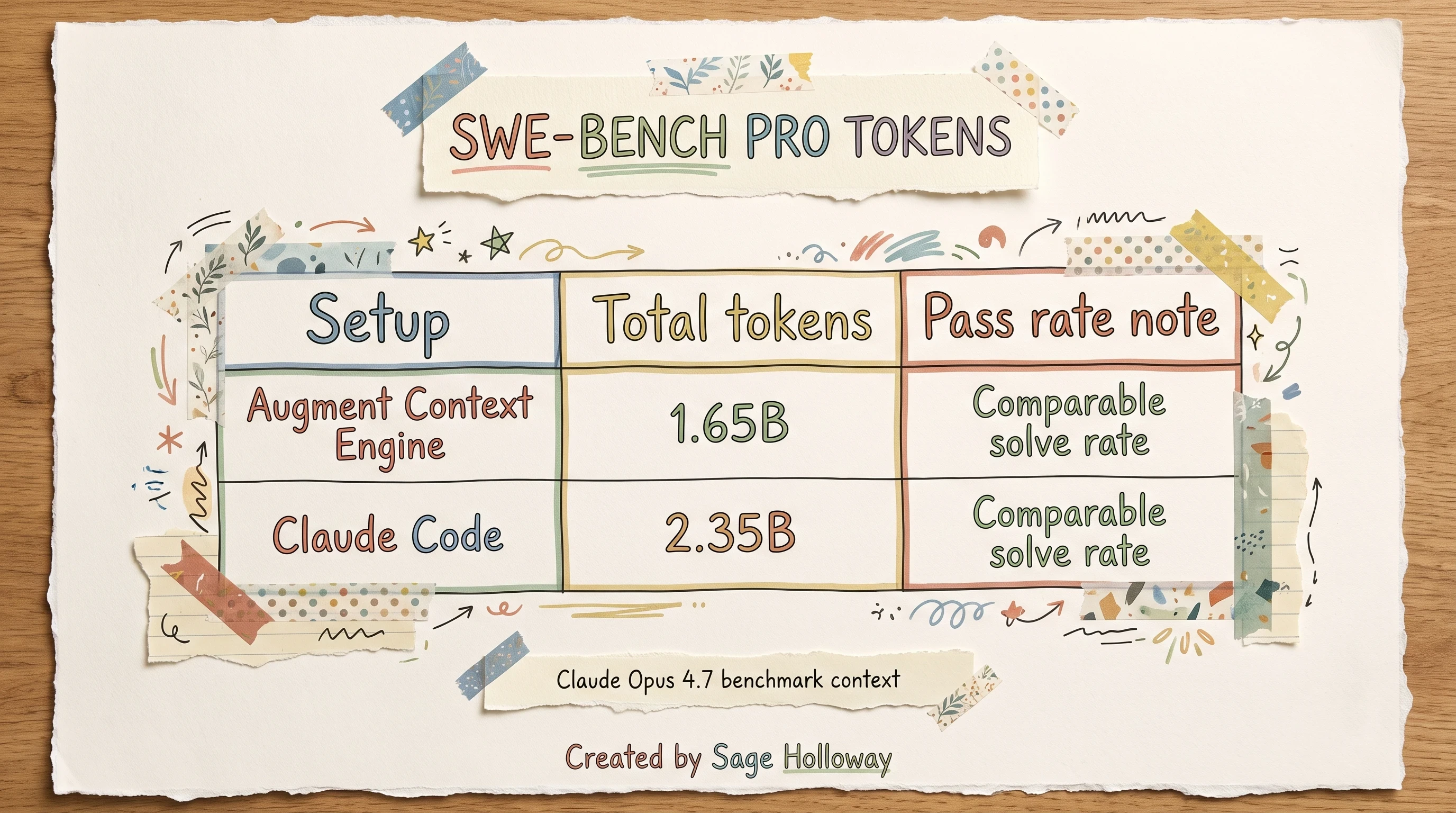 Table comparing Augment Context Engine and Claude Code token totals and pass rate on SWE-Bench Pro
