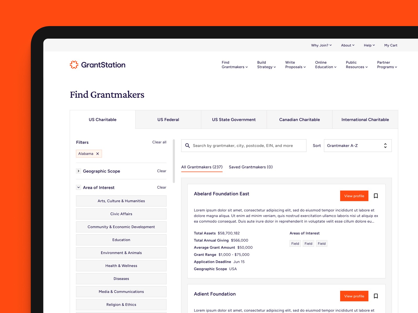 GrantStation web interface showing searchable grantmaker database with filters for location and funding area.