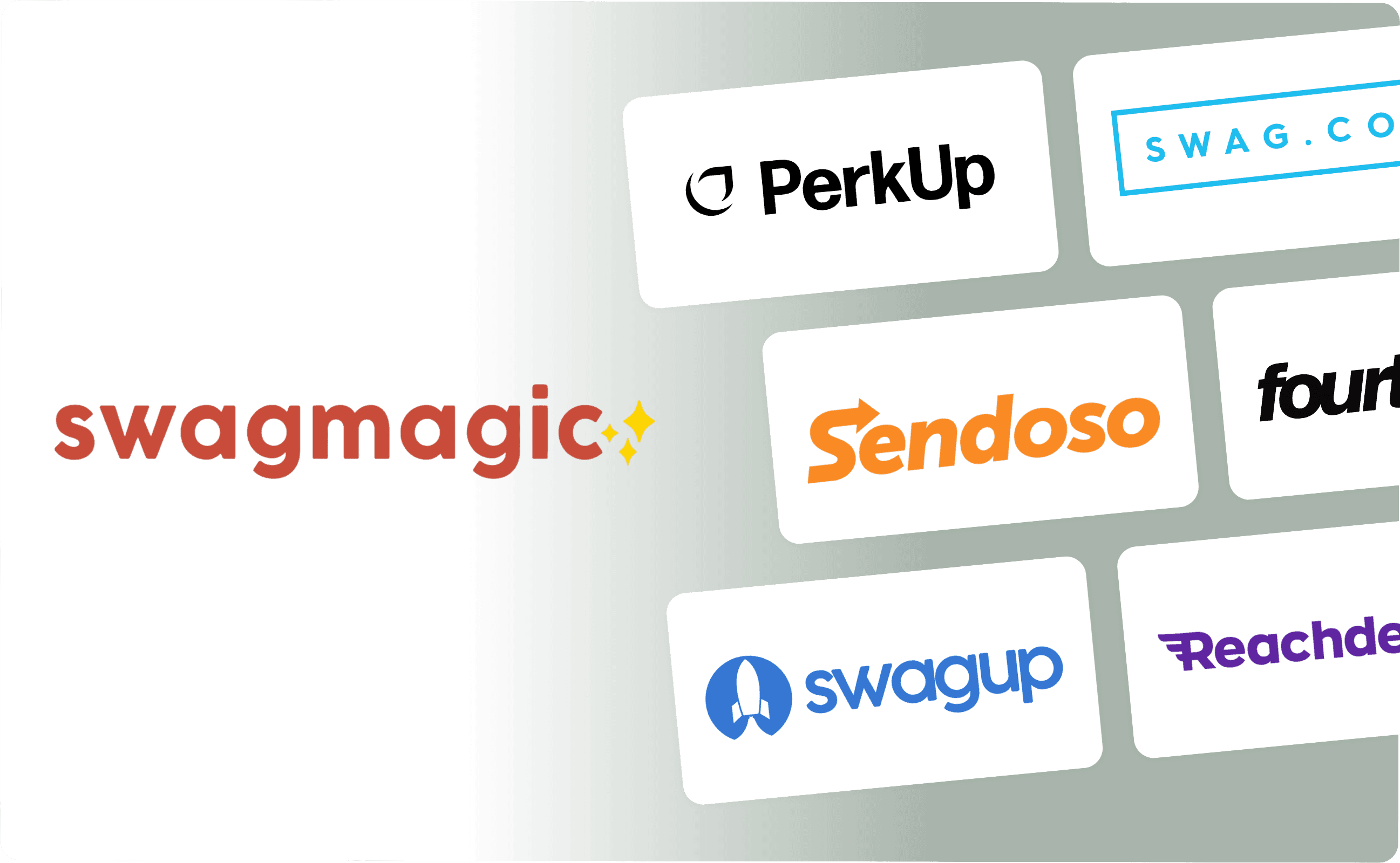 Logos of SwagMagic alternatives: PerkUp, Swag.com, Sendoso, Fourthwall, SwagUp, and Reachdesk.