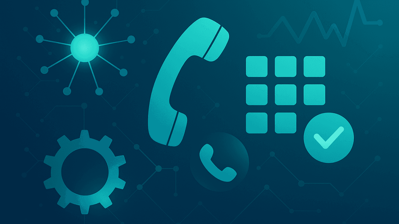 Phone, dial pad, and gears on a futuristic blue background