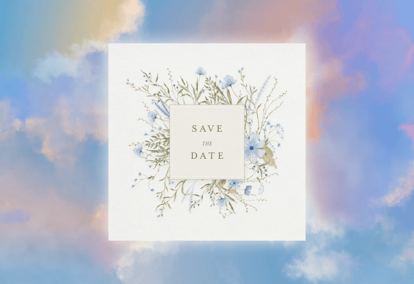 Something Blue engagement invitation template with soft floral illustrations and pastel sky background.