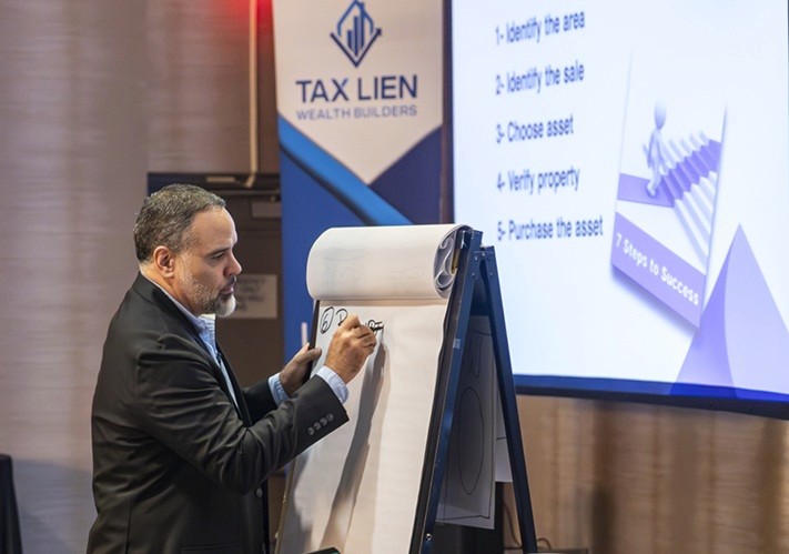 Real estate investment coach speaking at a real estate seminar