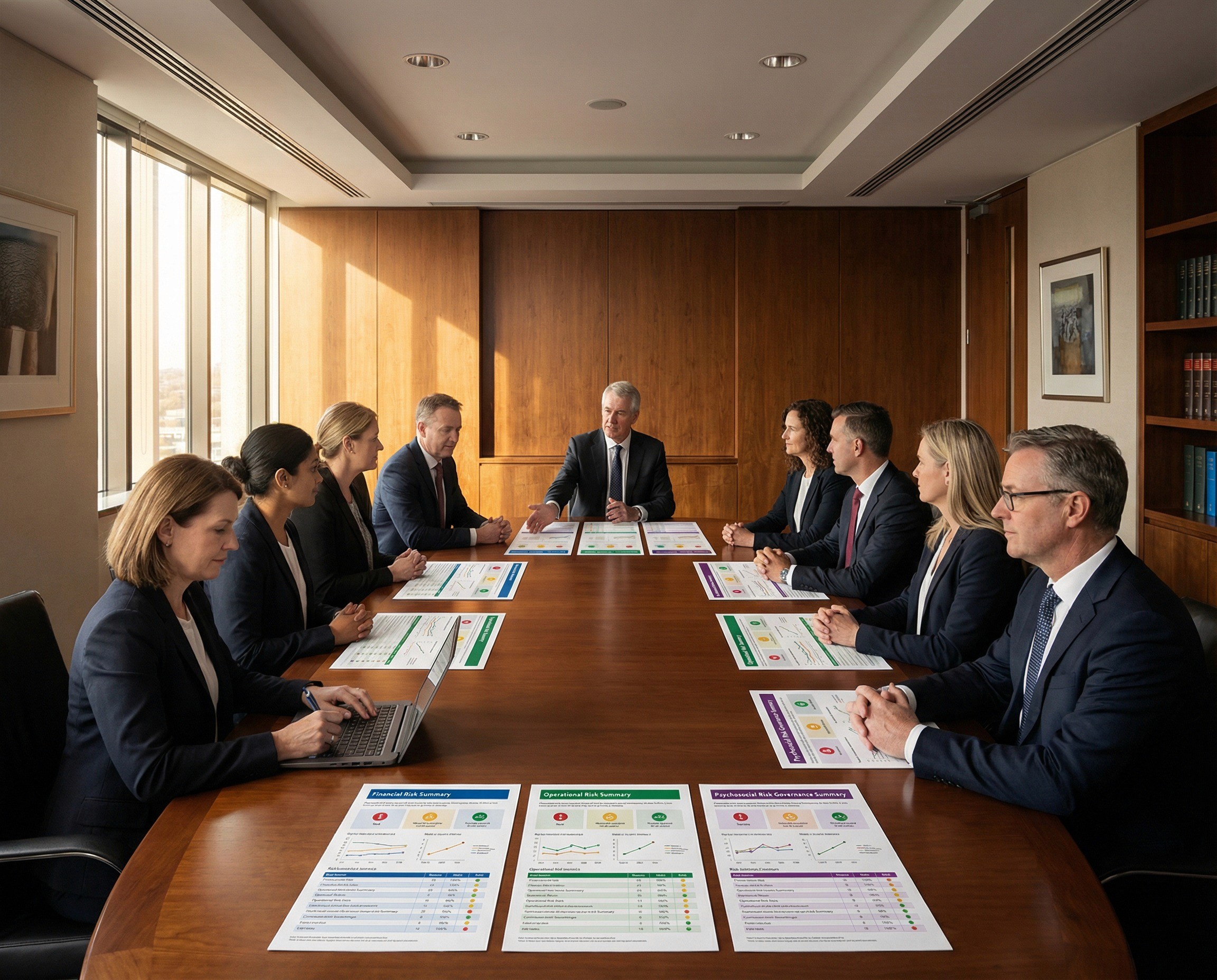 A wide, formal shot of a board risk committee meeting in progress in a large, high-quality boardroom — the setting of a publicly listed company. Eight committee members are seated around an oval table. At each place setting, three documents are arranged in a row: a financial risk summary, an operational risk summary, and a psychosocial risk governance summary — each identifiable by a distinctly different header colour and layout, but all sharing the same structural format: RAG indicators, trend lines, key metrics. The three documents at each seat are the same size, the same quality, the same level of detail. The committee chair, a man in his early 60s, is mid-sentence, one hand gesturing across all three documents in front of him — a sweeping motion that treats them as a single governance picture rather than three separate reports. A company secretary is taking notes at the end of the table. 