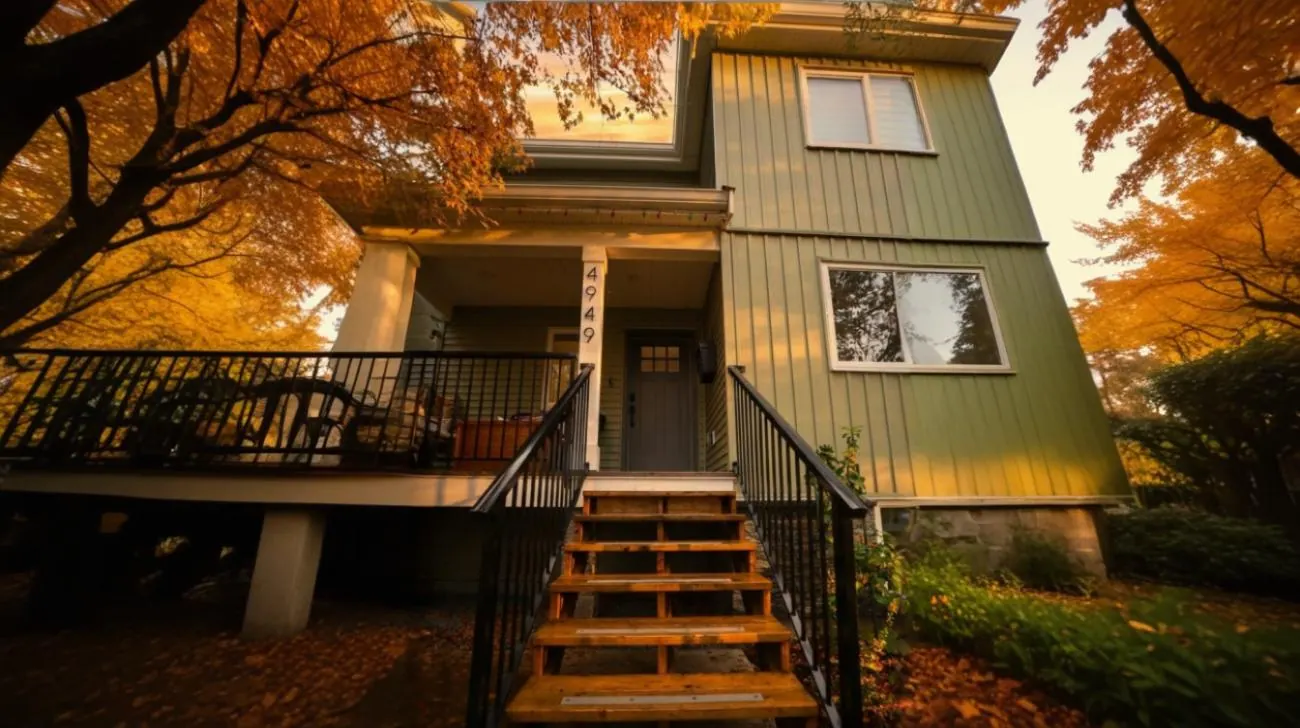 Front entrance of custom built Vancouver home featuring olive green vertical siding, elevated wooden deck with black railings, and welcoming covered entry during fall season