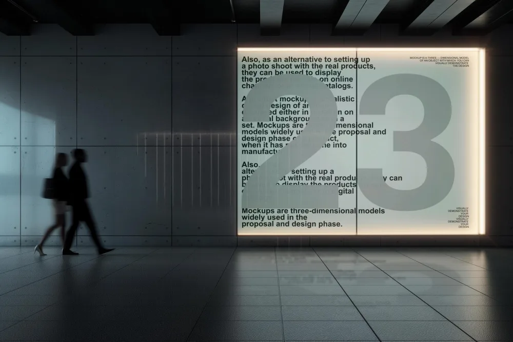 An illuminated indoor billboard mockup on a sleek concrete wall, featuring large bold text. The modern setting includes tiled floors and blurred silhouettes of people walking by.