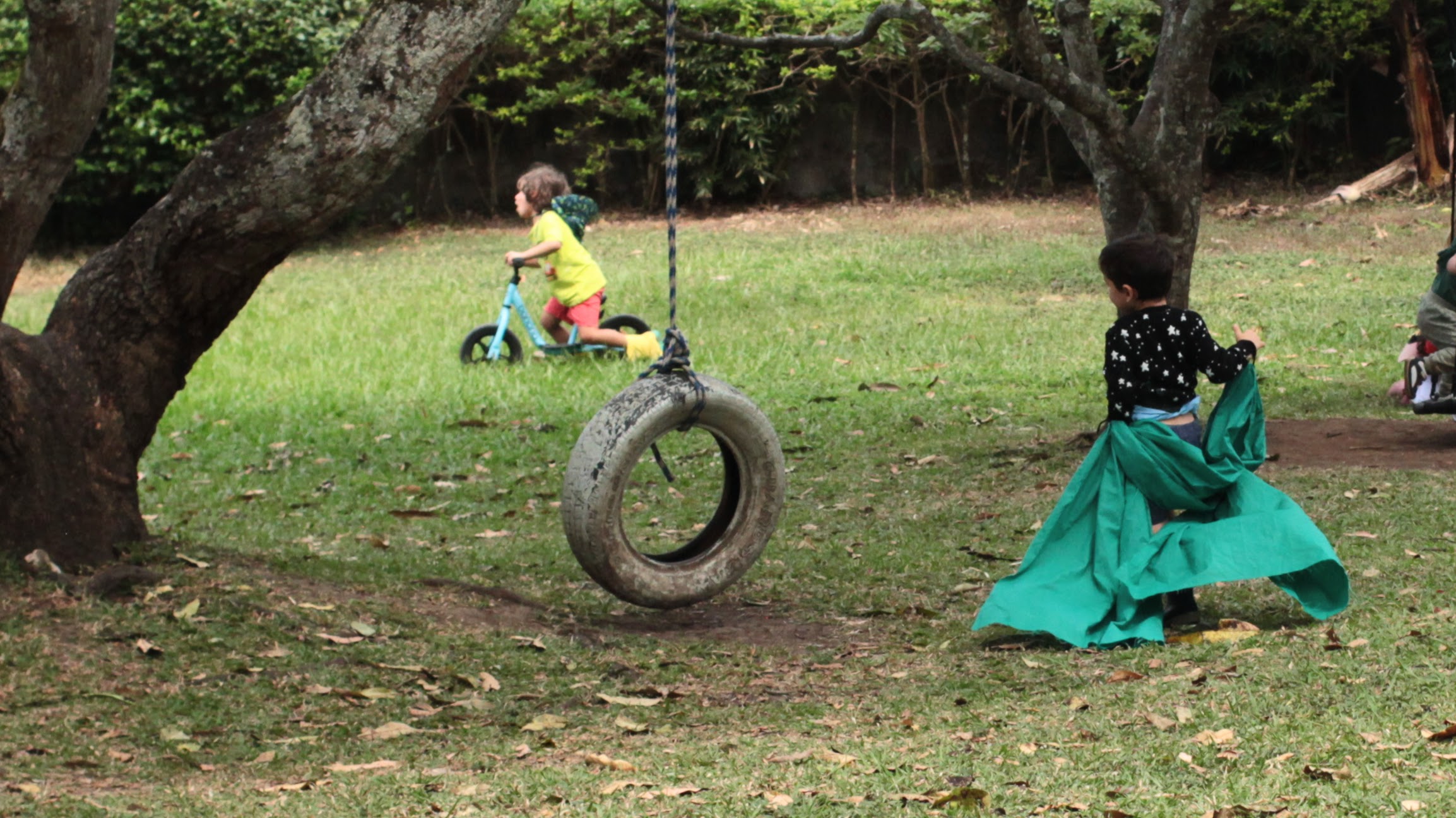 Niños en un área de juego natural con un columpio hecho de neumático, promoviendo el juego creativo al aire libre