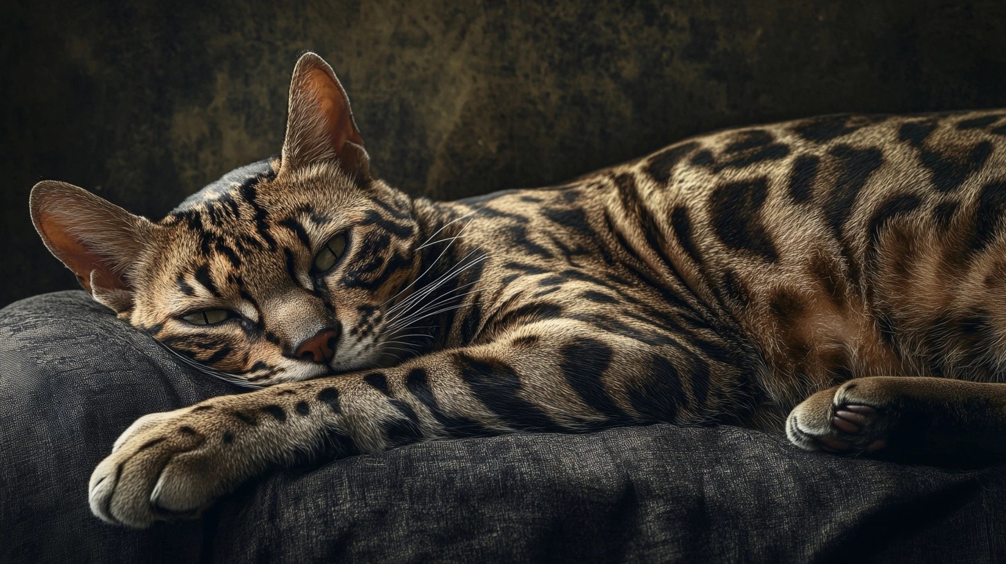 A unique cat laying on a couch