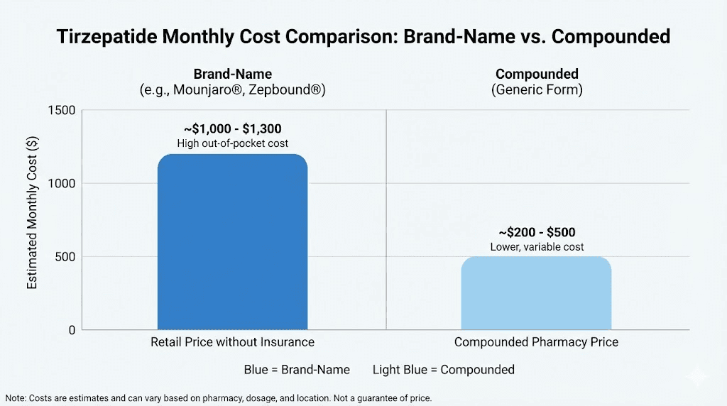 Tirzepatide cost comparison chart brand name versus compounded pricing