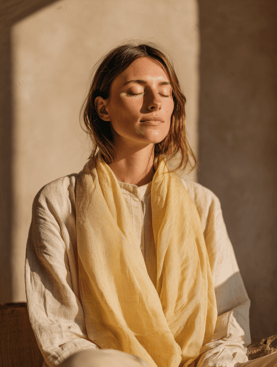 Vrouw met gesloten ogen die rustig zit in warm licht.