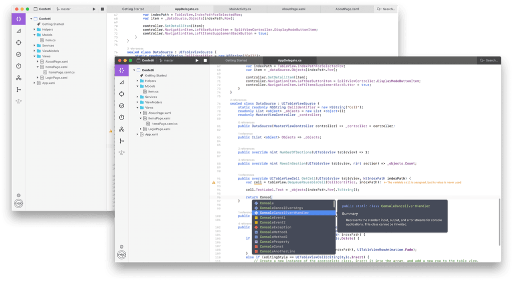 Integrated development environment interface showing multiple code editor windows for a mobile app project named Confetti, with file explorer and code completion suggestions visible.