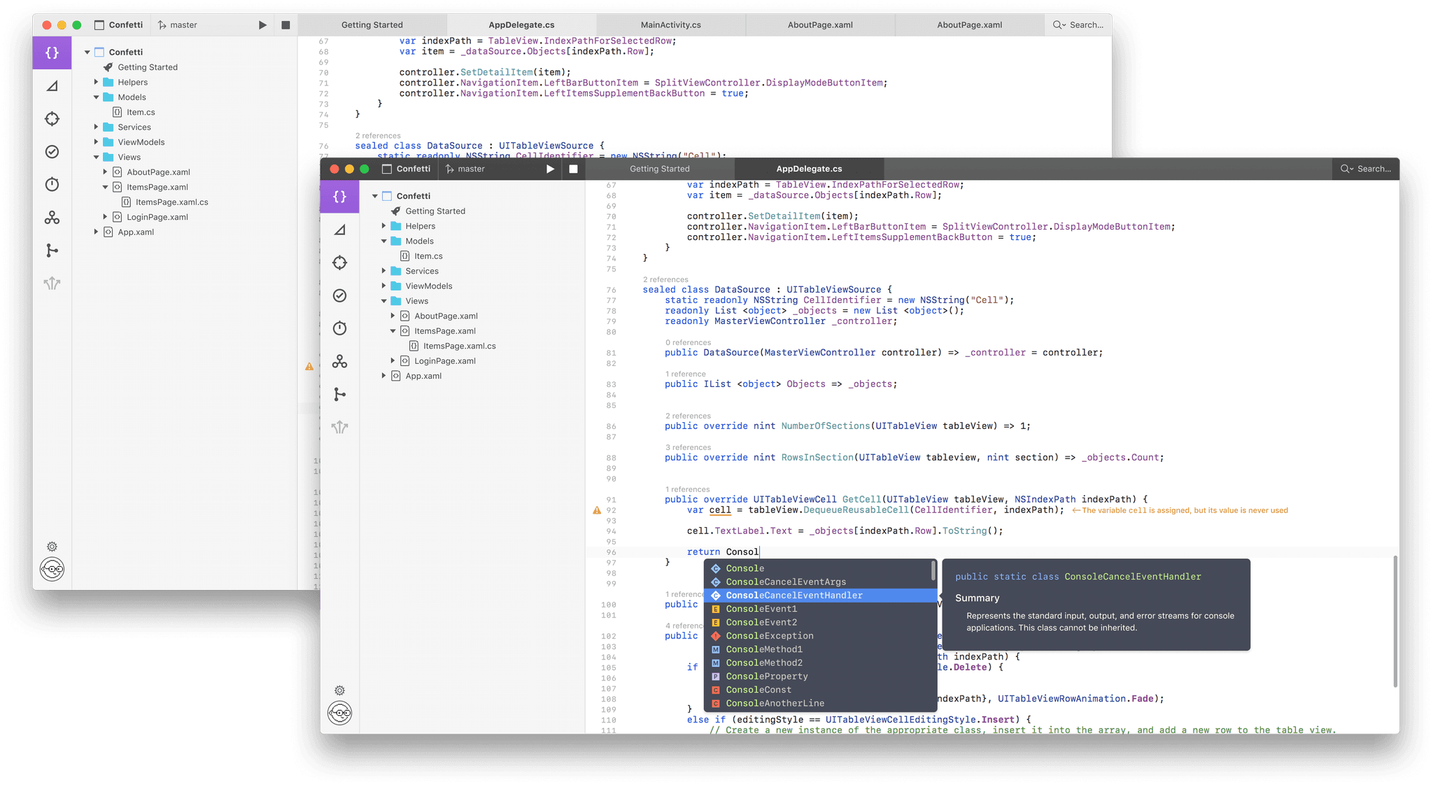 Integrated development environment interface showing multiple code editor windows for a mobile app project named Confetti, with file explorer and code completion suggestions visible.