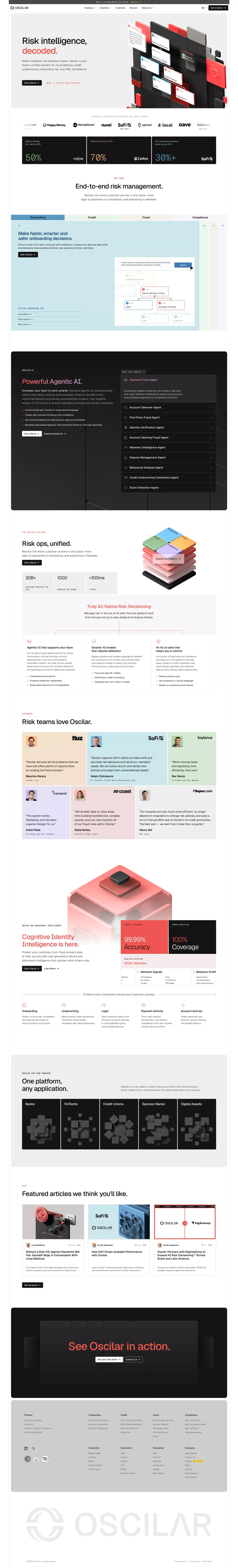 Oscilar - Risk Intelligence Decoded landing page screenshot showcasing Tech design
