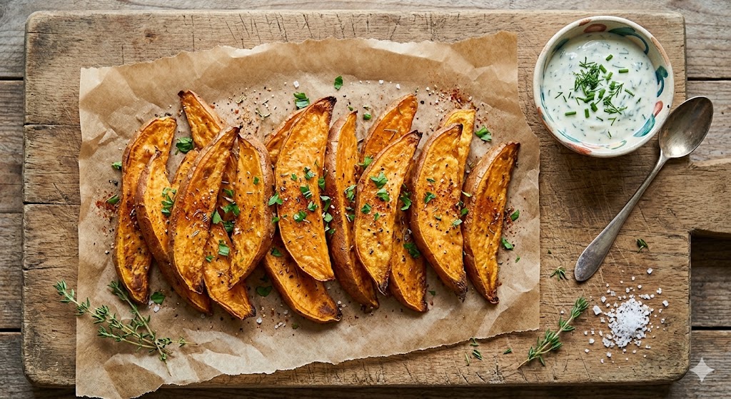 A rustic overhead photograph of seasoned, roasted sweet potato wedges served on a wooden board with a side of creamy herb yogurt dip.