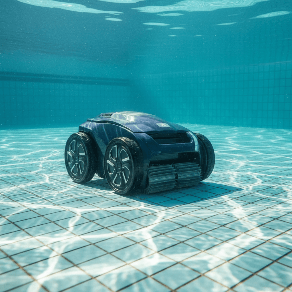 Underwater view of a robotic pool cleaner moving across the tiled pool floor.