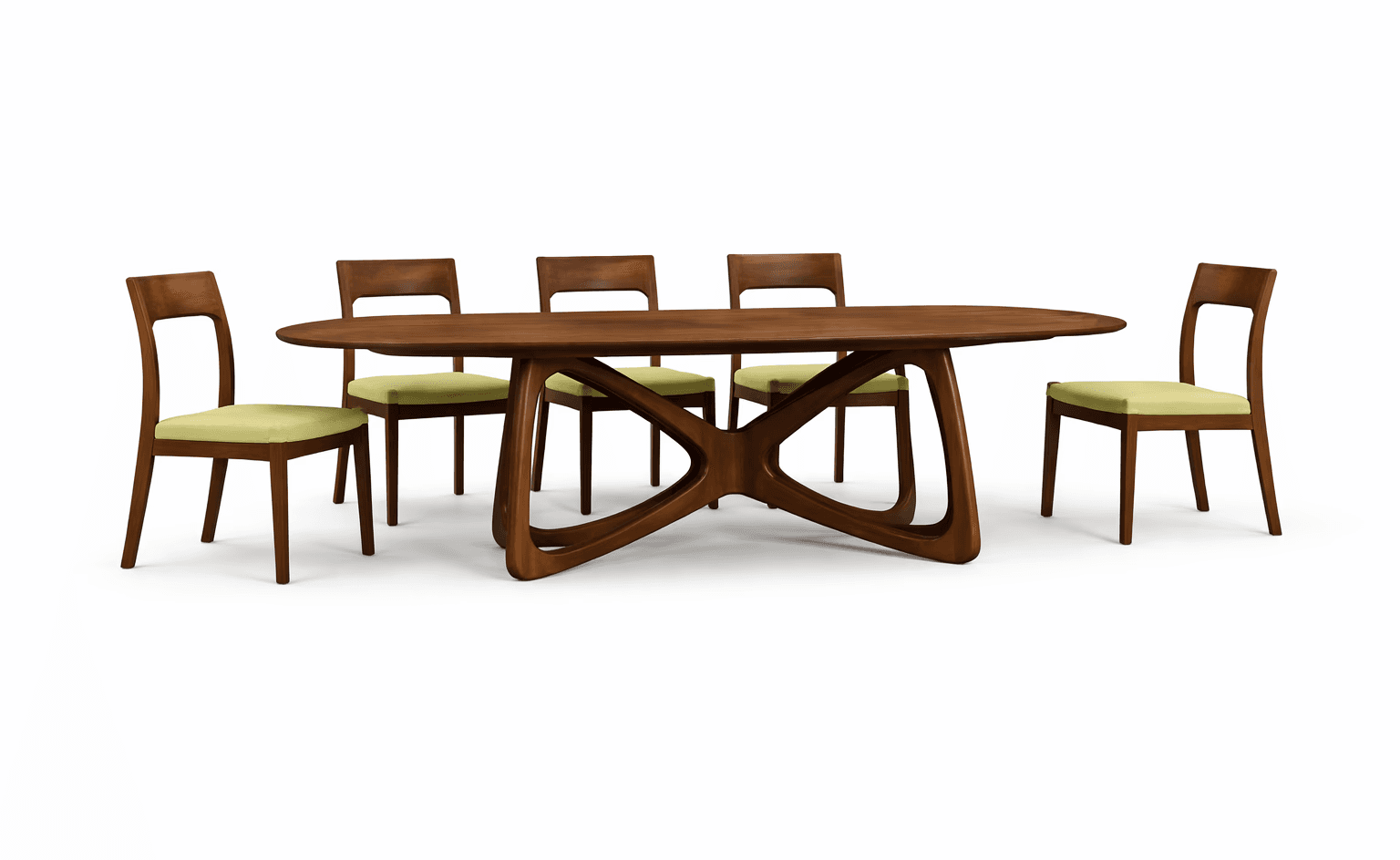 Sculptural wooden dining table with curved base, paired with mixed upholstered chairs