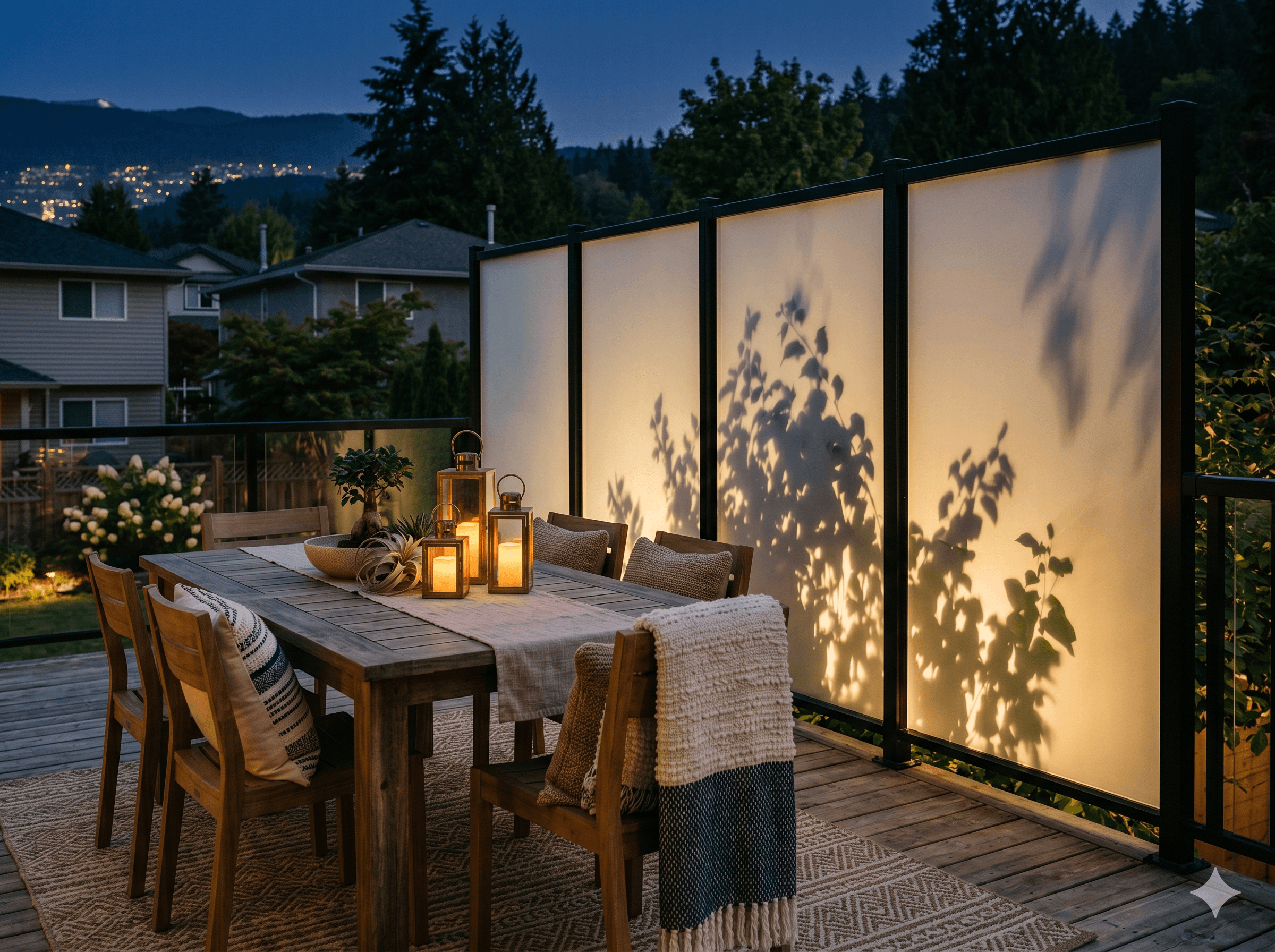 Glass privacy wall around an outdoor dining patio in the evening