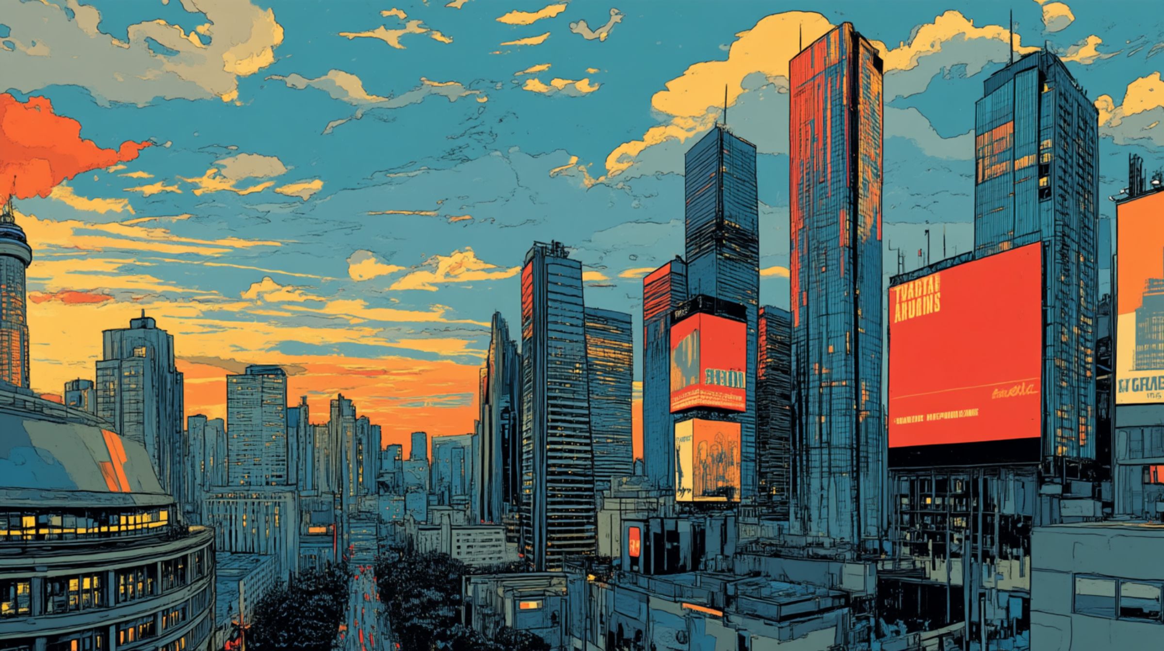 A skyline at sunset glows in coordinated reds and golds, as if the whole city were curated by a single eye for beauty.
