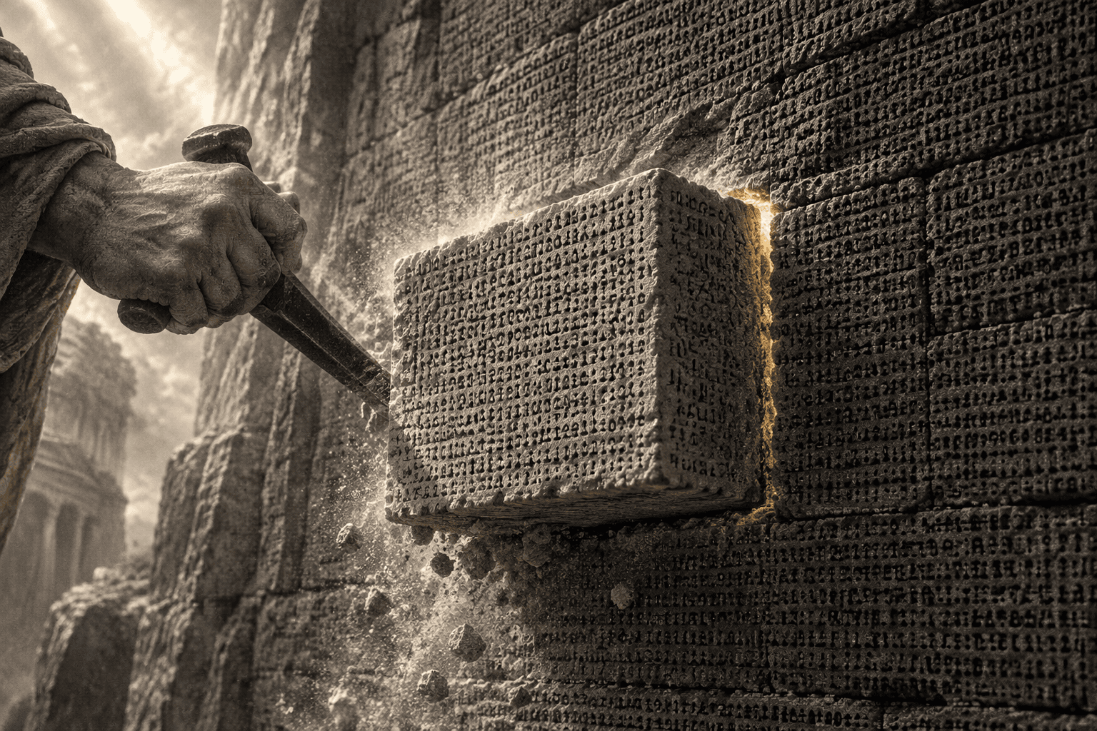 A marble hand with a stonemason's chisel freeing one clean block from a quarry wall of carved text, its edge yellow