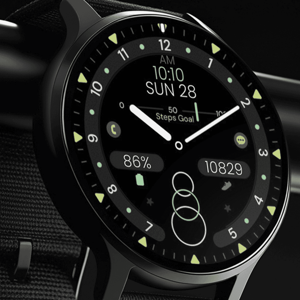 Modern Wear OS smartwatch displaying an analog watch face
