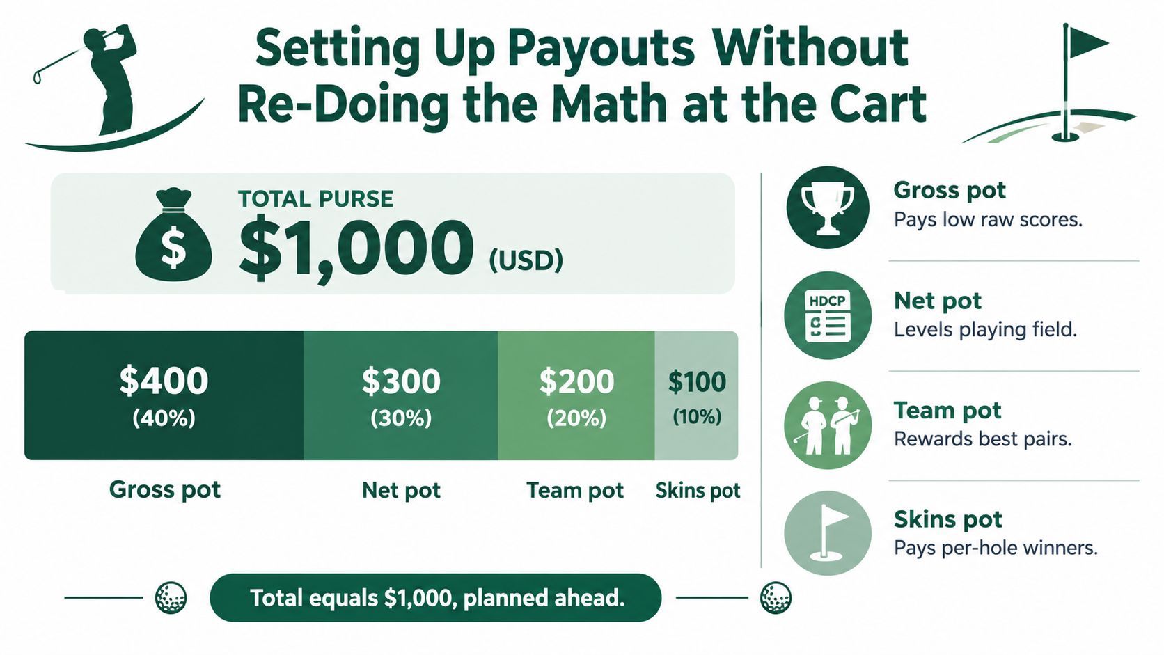 A golf tournament payout chart showing how a 1,000 dollar purse is divided among four different pots.