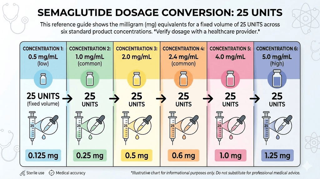 25 units of semaglutide conversion chart showing mg at every concentration