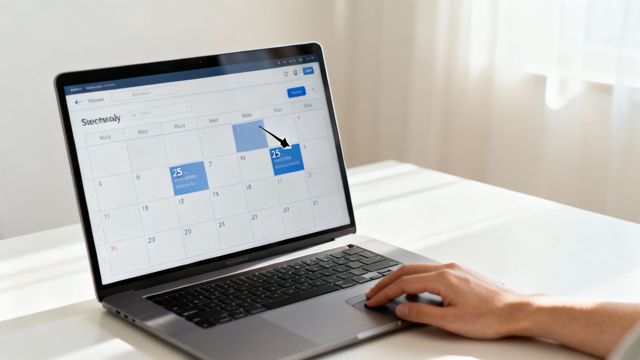 A person's hand uses a laptop displaying a digital calendar application with highlighted dates.