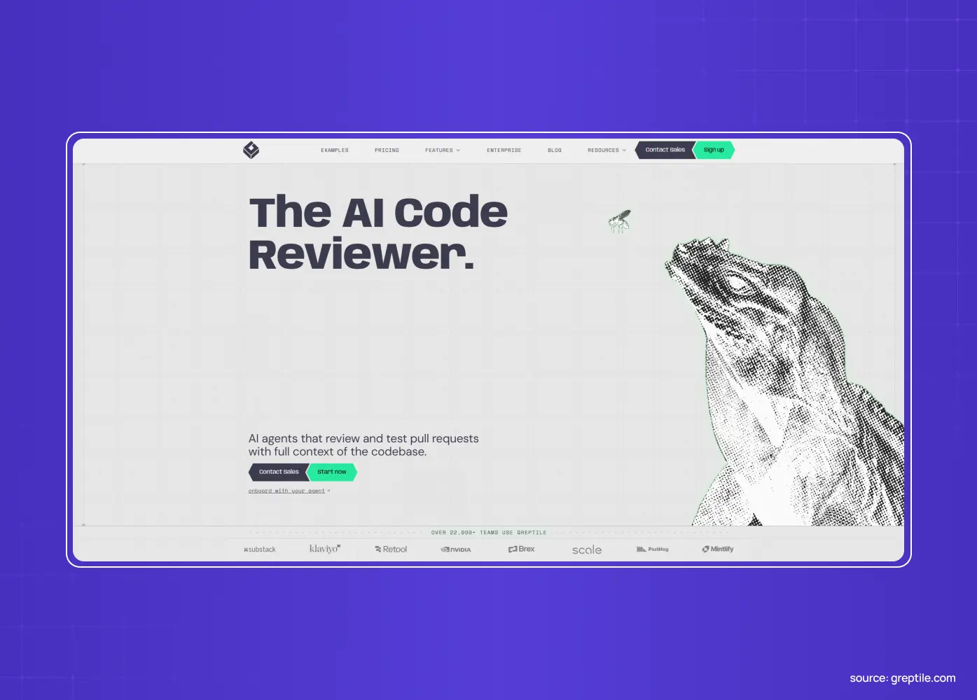 AI code review website featuring the headline “The AI Code Reviewer” alongside an illustrated frog and product navigation.