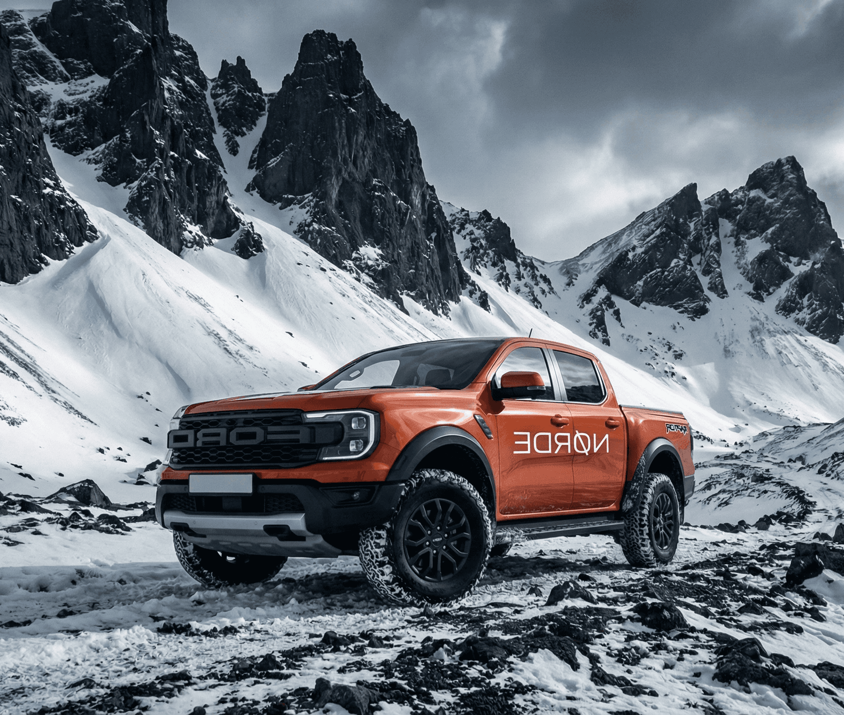 Orange Ford Raptor pickup truck parked in a snowy mountain landscape, representing the 4x4 rental category