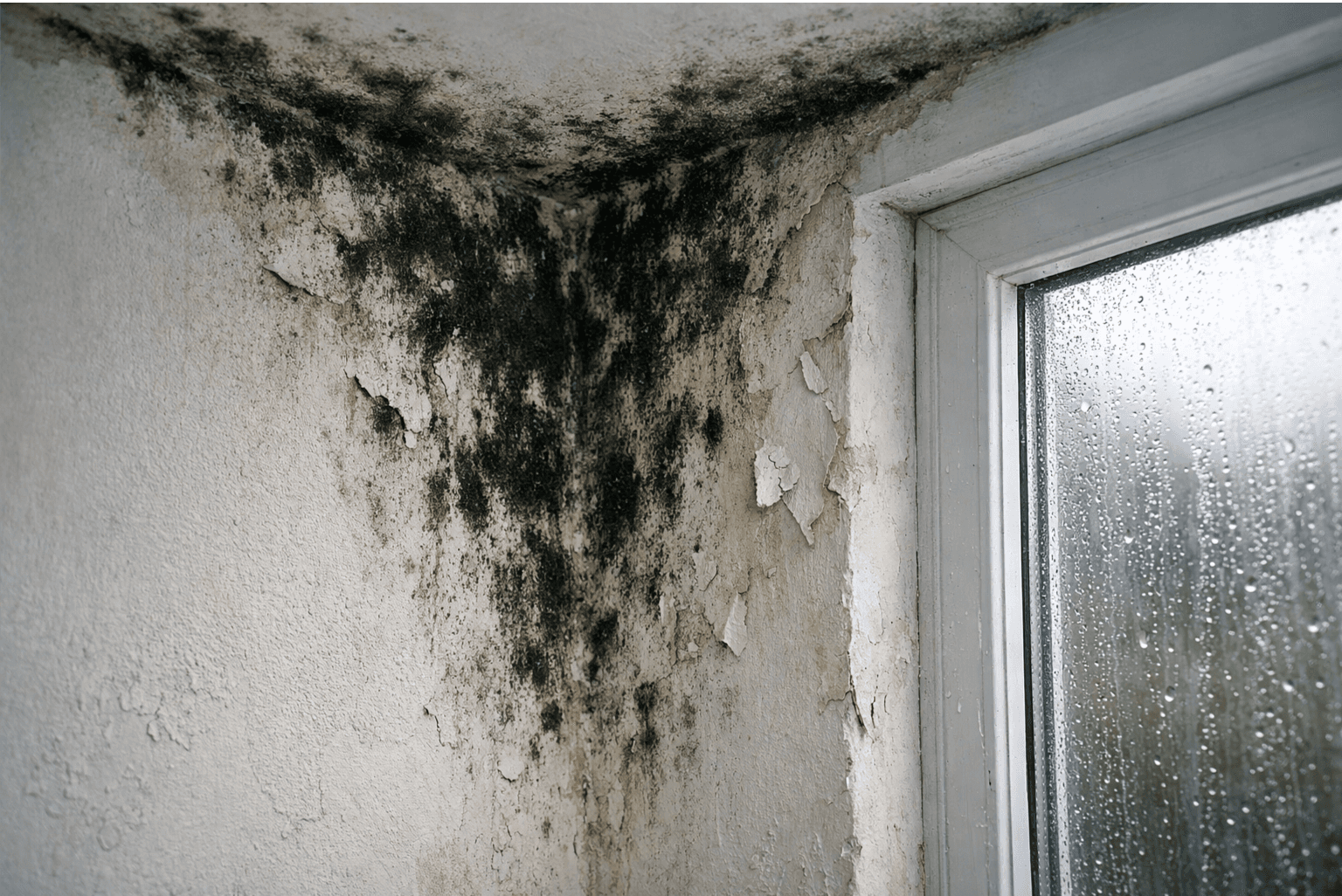 Bolor e humidade numa parede interior junto a uma janela
