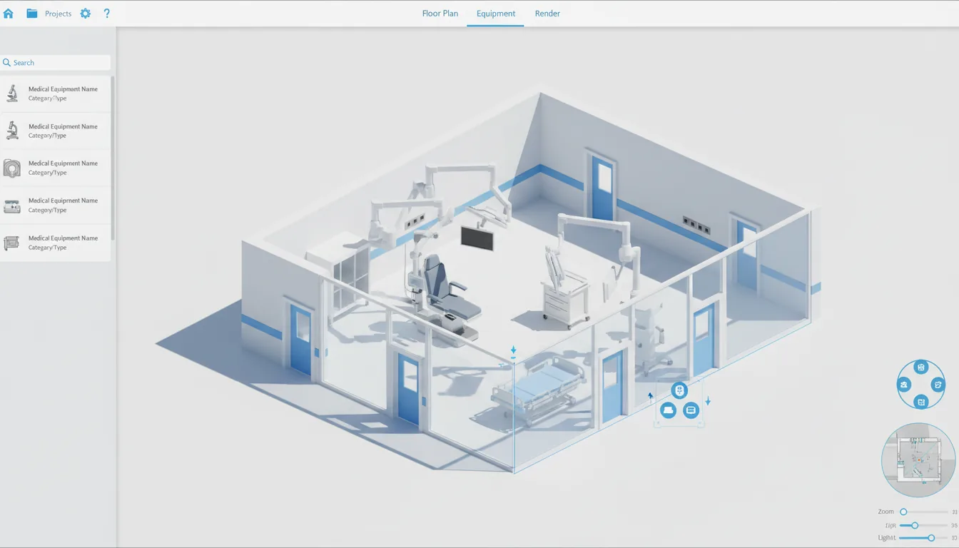 A screenshot of a 3D product configurator software interface for designing medical facilities, presented in a Clean Light Mode UI. The layout features a left sidebar with a light grey background, showcasing a vertical list of medical equipment with thumbnail images and abstracted text lines. A top toolbar contains minimalist blue UI icons and navigation tabs. The main canvas is dominated by a high-angle isometric 3D render of a hospital floor plan with multiple rooms, white walls, blue doors, and a decorative blue stripe running along the walls. The foreground room is actively being configured with detailed 3D models of medical equipment, including an operating chair and large articulated ceiling-mounted arms with monitors. The 3D render style is clean with soft global illumination and subtle shadows.