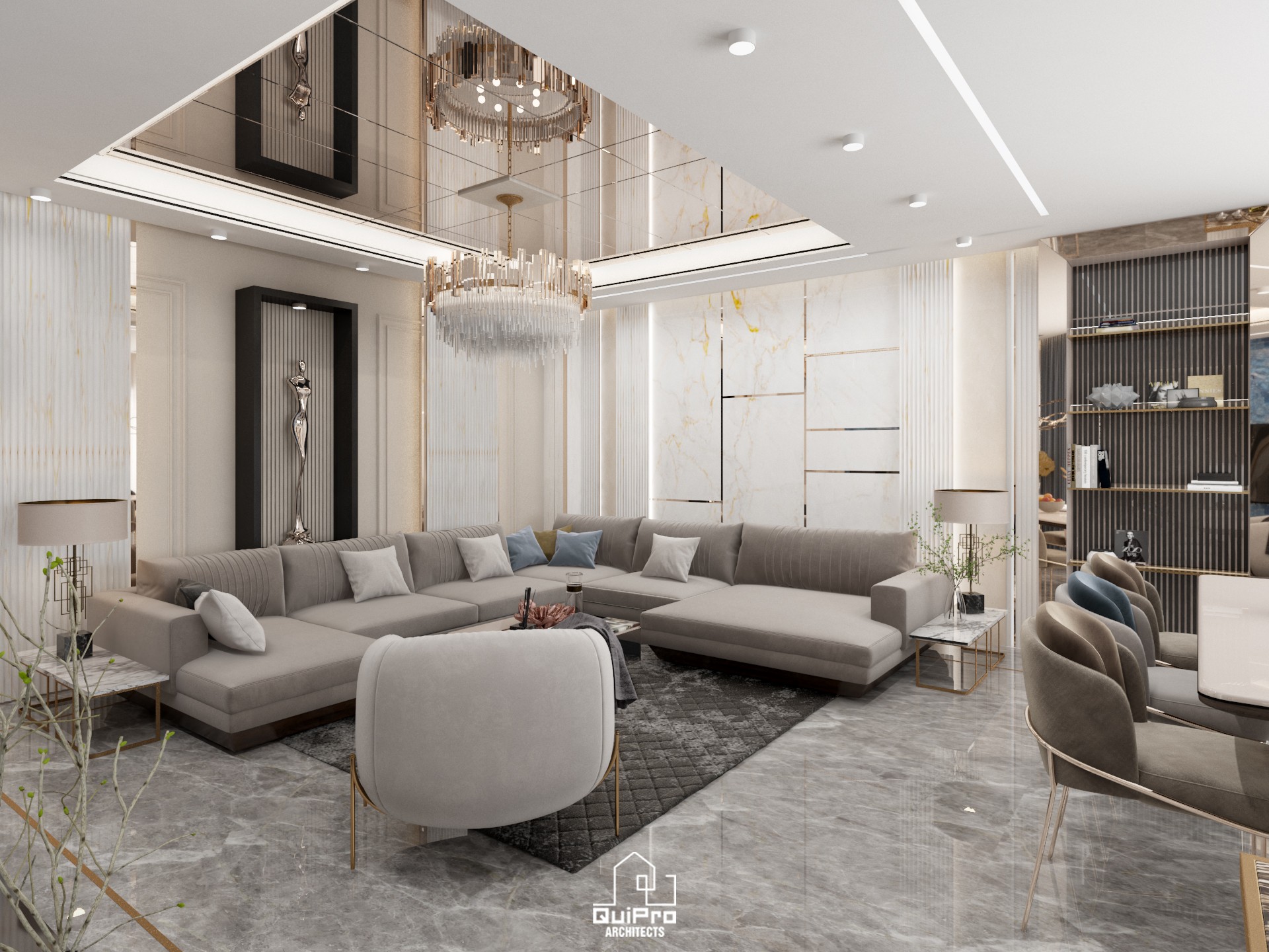 a group of houses in a field with mountains in the background