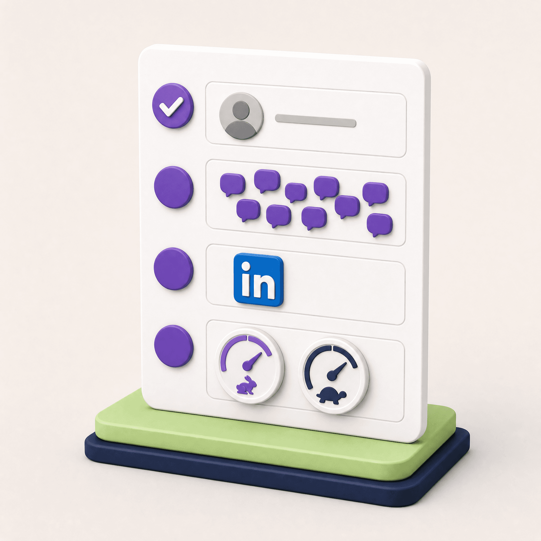 A checklist board with four rows: a decision maker card, ten purple question bubbles, one LinkedIn logo, and two gauges for a fast metric with a rabbit and a slow metric with a turtle
