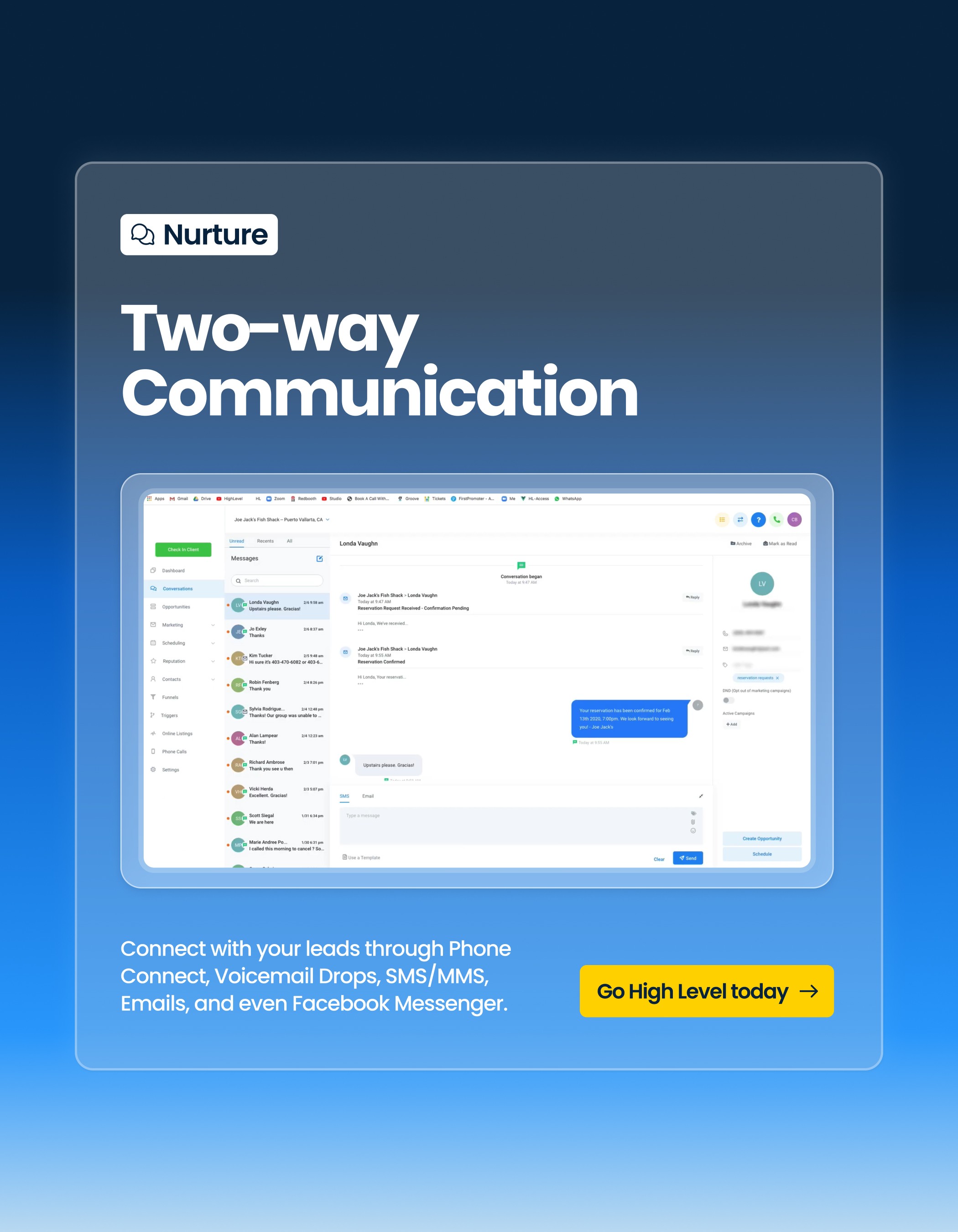 Go GHL HighLevel two-way communication saaspreneur UI card design saas app nurture brand agency B2b SaaS branding brand sprints