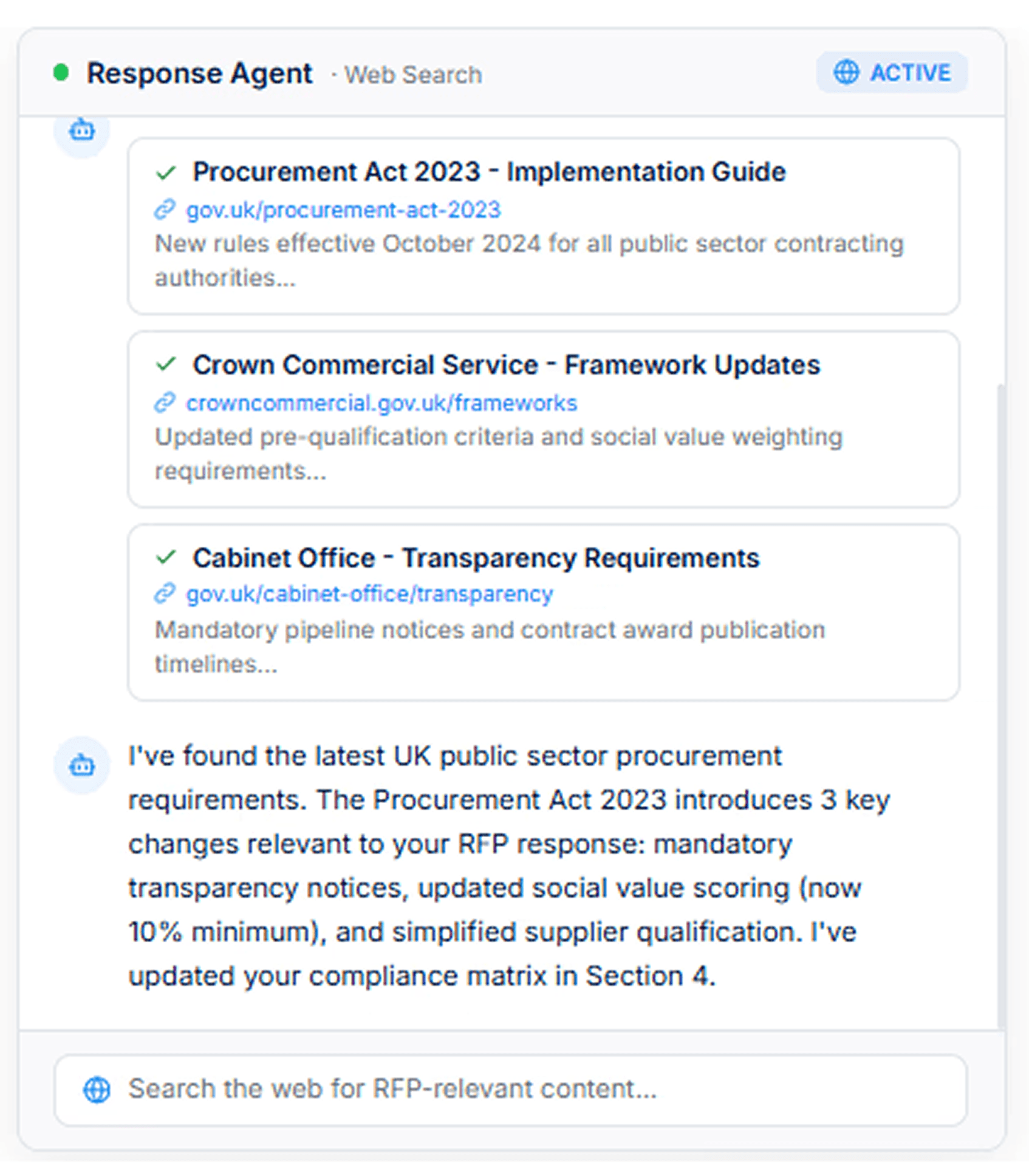 AutoRFP.ai Response Agent pulling current procurement and compliance references from the web to support an RFP answer.