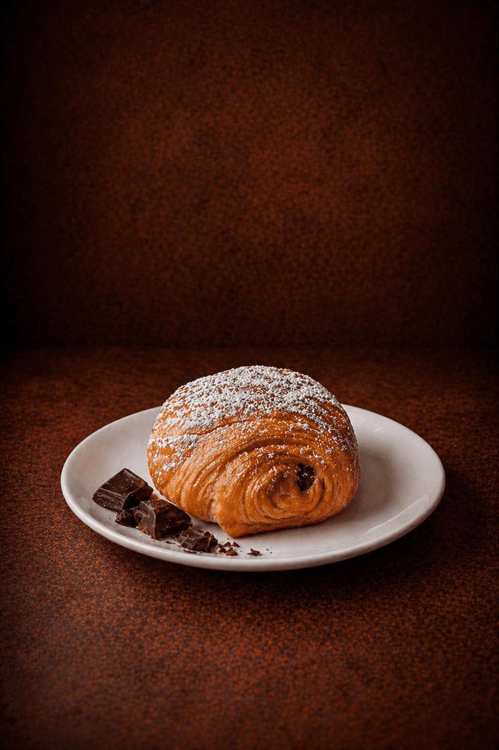 Parisian Chocolate Croissant with a flaky laminated crust and dark chocolate center on a white plate at Café Sherpa's, Brookfield WI. A classic French pain au chocolat baked fresh.